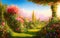 Paradise garden full of flowers, beautiful idyllic background with many flowers in Eden. Generative Ai