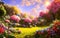Paradise garden full of flowers, beautiful idyllic background with many flowers in Eden. Generative Ai