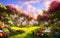 Paradise garden full of flowers, beautiful idyllic background with many flowers in Eden. Generative Ai