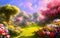 Paradise garden full of flowers, beautiful idyllic background with many flowers in Eden. Generative Ai