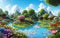 Paradise garden full of flowers, beautiful idyllic background with many flowers in Eden. Generative Ai