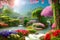 Paradise garden full of flowers, beautiful idyllic background with many flowers in Eden. Generative Ai