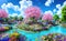 Paradise garden full of flowers, beautiful idyllic background with many flowers in Eden. Generative Ai