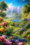 Paradise garden full of flowers, beautiful idyllic background with many flowers in Eden, illustration with Fairytale colors.