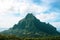 Paradise Island, French Polynesia, blue water and green mountains.