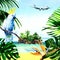Paradise island with palm trees, through green tropic leaves and flowers with parrot, flying airplane on sky, summer