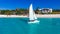 Paradise islands. White sailboat in the sea tropical climate, Zanzibar island white beach