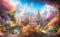Paradise land with beautiful gardens, castles and flowers, magical idyllic background with many flowers in eden. Generative Ai