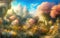 Paradise land with beautiful gardens, castles and flowers, magical idyllic background with many flowers in eden. Generative Ai