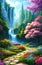 Paradise land with beautiful gardens, waterfalls and flowers, magical idyllic background with many flowers in eden. Generative Ai