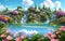 Paradise land with beautiful gardens, waterfalls and flowers, magical idyllic background with many flowers in eden. Generative Ai