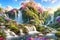 Paradise land with beautiful gardens, waterfalls and flowers, magical idyllic background with many flowers in eden. Generative Ai