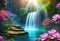 Paradise landscape with beautiful gardens, waterfalls and flowers, magical idyllic background, heavenly view with beautiful