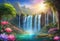 Paradise landscape with beautiful gardens, waterfalls and flowers, magical idyllic heavenly view with beautiful fantastic flowers