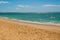 Paradise landscape with yellow sand and blue Caribbean sea. Cienfuegos, Cuba, Rancho Luna Beach.