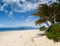 Paradise place to relax - palm trees, sandy beach, white yacht, azure ocean and huge blue sky