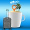 Paradise place vacation with palm tree, navigation point, bag and clouds in white porcelain cup, concept illustration