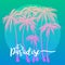 This is paradise poster, set of pink Palm trees silhouette on a blue background. Vector illustration, design element for