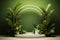Paradise presentation white podium, tropical greens, and gold arch create an enchanting display