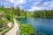 Paradise scenery at Karersee Lago di Carezza, Carezza lake in Dolomites of Italy at Mount Latemar, Bolzano province, South tyrol