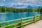 Paradise scenery at Karersee Lago di Carezza, Carezza lake in Dolomites of Italy at Mount Latemar, Bolzano province, South tyrol