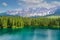 Paradise scenery at Karersee Lago di Carezza, Carezza lake in Dolomites of Italy at Mount Latemar, Bolzano province, South tyrol