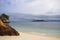 Paradise sea landscape with white sand and emerald ocean shore in Rawa Island Malaysia