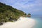 Paradise sea landscape with white sand and emerald ocean shore in Rawa Island Malaysia