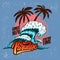 Paradise. Surfing time. Illustration of sea wave and palms. Design element for t-shirt, poster, card, banner, sign