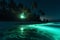 paradise tree vacation palm blue night luminous tropical beach sky ocean. Generative AI.