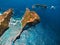 Paradise view with blue ocean and island in Nusa Penida. Aerial view