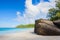 Paradise view of Seychelles beach with rocks