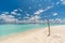 Paradise white sand beach and turquoise water in nice summer day, Gulhi Island, Maldives