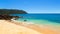 A paradisiac beach landscape wallpaper background. AI generated