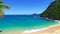 A paradisiac beach landscape wallpaper background. AI generated