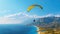 Paraglider flies over the sea against the background of mountains and blue sky. Generative AI.