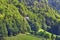 Paraglider flying over green slopes. Swiss Alps.