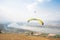 Paraglider on the ground. Paragliding flying over Landscape from Beautiful View Mekong River at Wat Pha Tak Suea in Nongkhai,