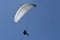 Paraglider pilot as silhouette with a white glider is flying in the clear blue sky, recreational and competitive adventure sport,