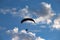 Paraglider silhouette over blue sky