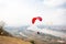 Paragliding in the sky. Paraglider  flying over Landscape from Beautiful View Mekong River