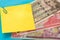 Paraguay money, Guaranies banknotes with yellow sticky note for your own notes.