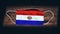 Paraguay National Flag at medical, surgical, protection mask on black wooden background. Coronavirus Covidâ€“19, Prevent infection
