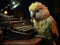 Parakeet typing on tiny typewriter