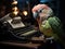 Parakeet typing on tiny typewriter
