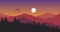 Parallax animation video of hilly mountains and birds flying in the twilight sun