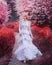 Parallel reality, fabulous mermaid in underwater world walks path, girl in red surrealistic world with coral trees