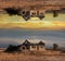 Parallel universe, world. Landscape of abandoned house on at sunset background. Artwork collage concept.