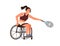 Paralympic female athlete playing tennis sitting in wheelchair vector flat illustration. Disabled sportswoman hold