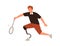 Paralympic male athlete playing badminton vector flat illustration. Disabled man with prosthetic leg holding racket